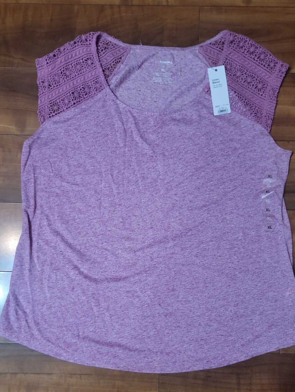 Sonoma Heathered Mauve Short-Sleeve Top with Crochet Lace Sleeves